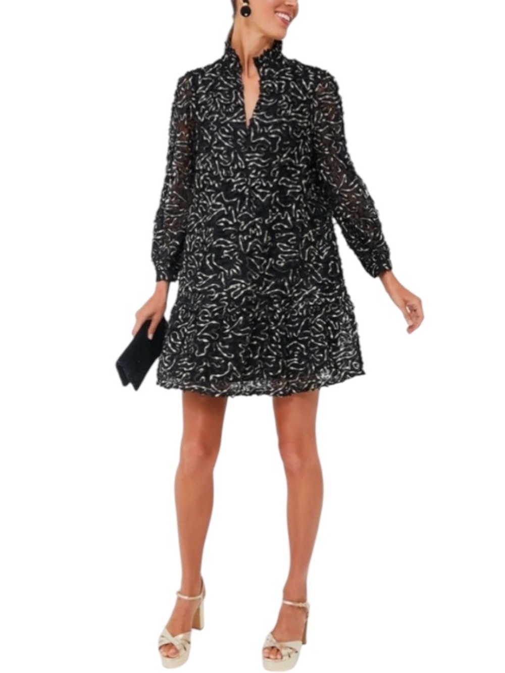 Tuckernuck Nightly Organza Palmerston Mini Dress Black & Gold Long Sleeve Size M